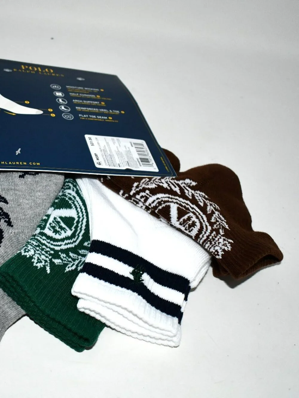 Polo Ralph Lauren 6-pack quarter length socks W RL crest #824680PK3 NWT Details: